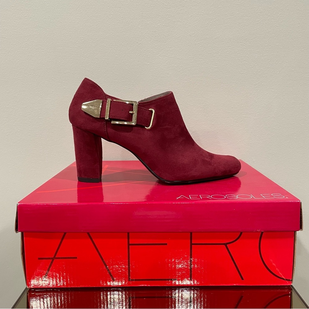 Burgundy Heels Suede Block Heel Booties 3” with Gold Buckle Detail